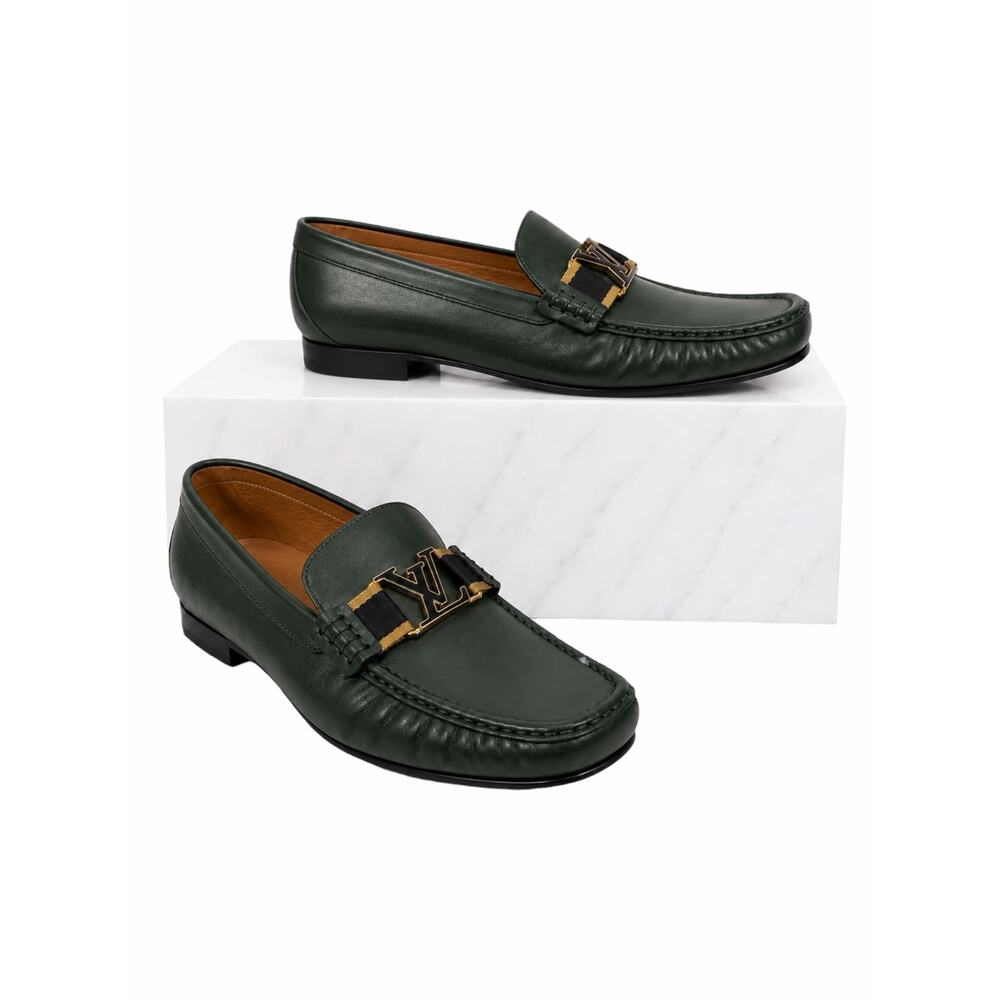 Louis Vuitton Monte Carlo Web Leather Moccasin Loafer Dark Green Size 9.5